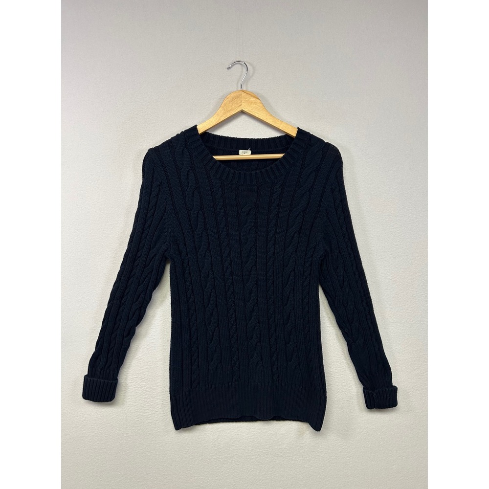 Preppy J.Crew Womens Large Navy Blue Cable Knit Cotton Crewneck‎ Sweater 65042